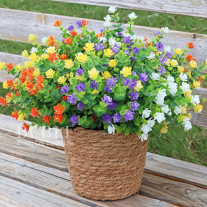 Artificial Flowers Outdoors, 12 Bundles Not-Fading Fake Flowers UV-Anti Faux Plastic Mix-Colored Plants for Indoor & Outdoor Porch Garden Vase Décor (4 Colors)