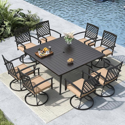 MFSTUDIO 9 PCS Patio Dining Set with Large Square Metal Slat Dining Table and 8 Swivel Metal Chair with Cushion, All Weather Outdoor Furniture for Lawn Backyard Garden