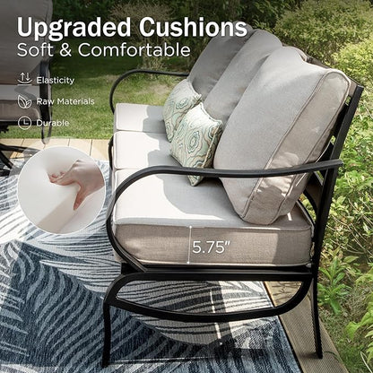 PHI VILLA 6 Piece Patio Furniture Sets with 1 x 3 Seater Padded Deep Seating Bench, 2 x C-Base Cushioned Sofa Chairs, 2 x Leg Sofa Chairs and 1 x Coffee Table, Outdoor Metal Furniture Set for 7