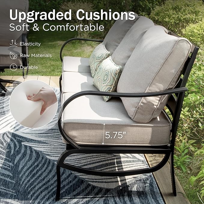 PHI VILLA 6 Piece Patio Furniture Sets with 1 x 3 Seater Padded Deep Seating Bench, 2 x Swivel Cushioned Sofa Chairs, 2 x Leg Sofa Chairs and 1 x Coffee Table, Outdoor Metal Furniture Set for 7