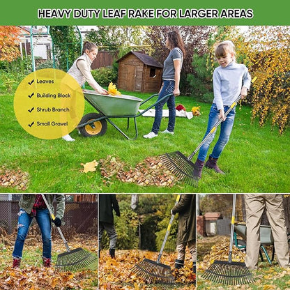 Rake Heavy Duty 6FT Long Garden Rakes , 18.5 Inch Wide Leaf Rake for Lawns, 25 Metal Tines, Adjustable Stainless Steel Handle for Leaves, Yards, Grass, Garbage, Weeds, Debris (Yellow)