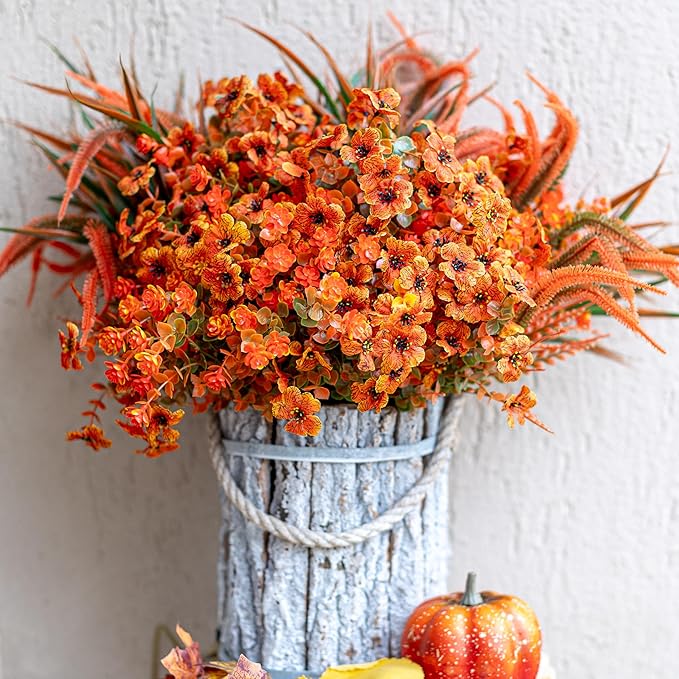 Artificial Fall Flowers for Outdoors Fake Mums - 16 Bundles Faux Fall Decor Plants No Fade Shrubs (16, OrangeGreenGrass)