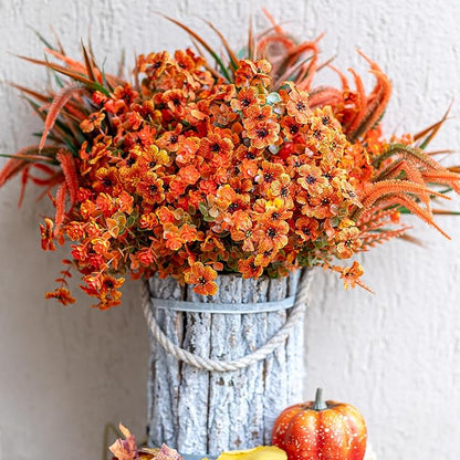 Artificial Fall Flowers for Outdoors Fake Mums - 16 Bundles Faux Fall Decor Plants No Fade Shrubs (16, OrangeGreenGrass)