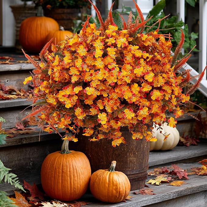 Artificial Fall Flowers for Outdoors Fake Mums - 16 Bundles Faux Fall Decor Plants No Fade Shrubs (16, OrangeGreen)
