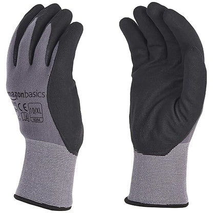 Amazon Basics Micro-Foam Nitrile Coated Work Gloves, Nylon Liner Fiber, Touch Screen, Grey, Size 10/XL, 12-Pair