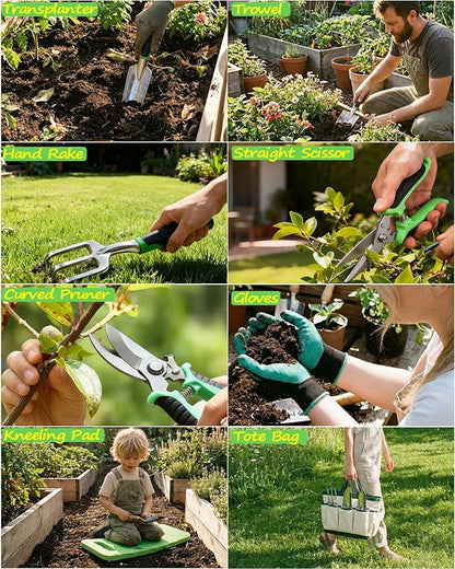 10 Piece Heavy-Duty Gardening Tools Set with Tote Bag - Rust-Proof Aluminum Gardening Hand Tools with Ergonomic Non-Slip Rubber Grips - Gardening Supplies Set Ideal Gift for Men & Women