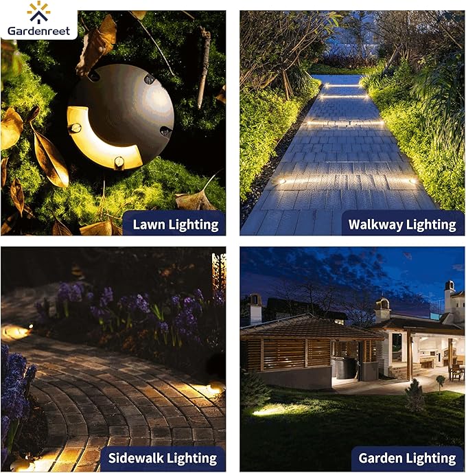 Gardenreet Brass In Ground Lights Kit(6 Pack) with 150W Low Voltage Transformer & MR16 Bulb & 100Feet Wire & Connectors, 12V LED Well Lights for Outdoor Yard Garden Pathway(1 Way Turret)