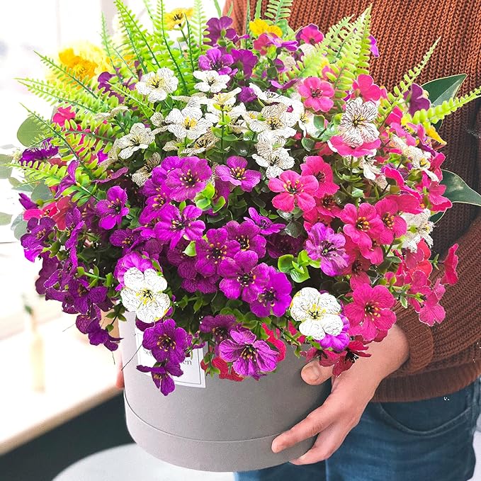 Artificial Flowers for Outdoors, 16 Bundles Artificial Plants Outdoor Fake Flowers UV Resistant, Outdoor Fake Plants Faux Silk Flowers for Porch Outside Planter Window Box Garden