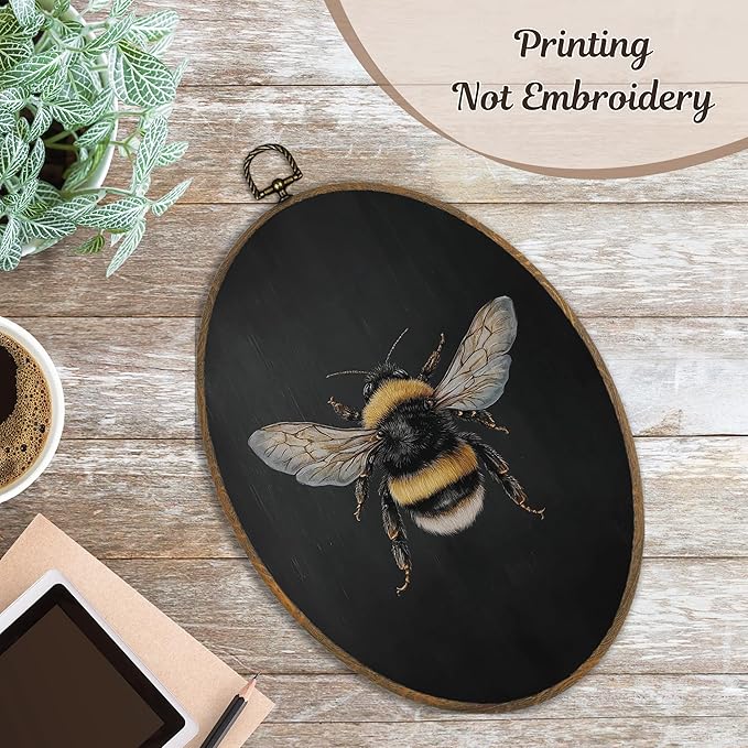 LKETW Vintage Moody Bee Oval Wall Art Decor, Dark Academia Bumblebee Oval Canvas Hanging Decor, Rustic Dark Cottagecore Bee Insect Wall Decorations for Farmhouse Home Living Room, 8.6x11.4 Inch