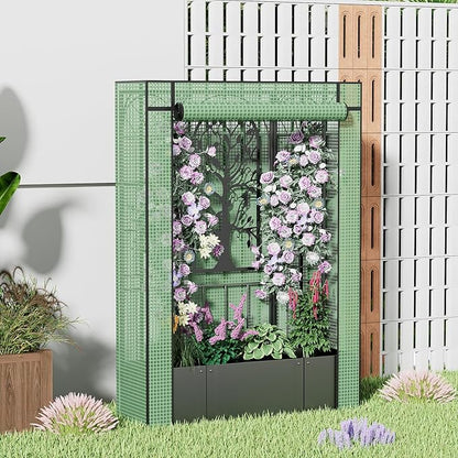 Metal Planter Box with Greenhouse Cover, Raised Garden Bed with Trellis Privacy Screen, 62 inch Tall Planter Boxes for Climbing Plants, Flowers, Vegetables, Fruits, Balcony and Patio Decor (Black)