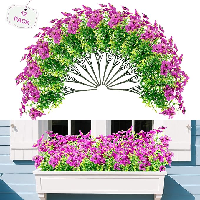 FGSAEOR 12 Bundles Artificial Flowers for Outdoor Indoor, Faux Flower Purple Daisy with Eucalyptus Leaves Fake Plants Greenery, Garden Home Decor for Boxwood Porch Patio