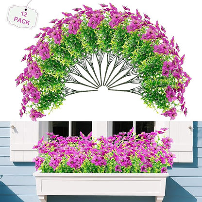 FGSAEOR 12 Bundles Artificial Flowers for Outdoor Indoor, Faux Flower Purple Daisy with Eucalyptus Leaves Fake Plants Greenery, Garden Home Decor for Boxwood Porch Patio
