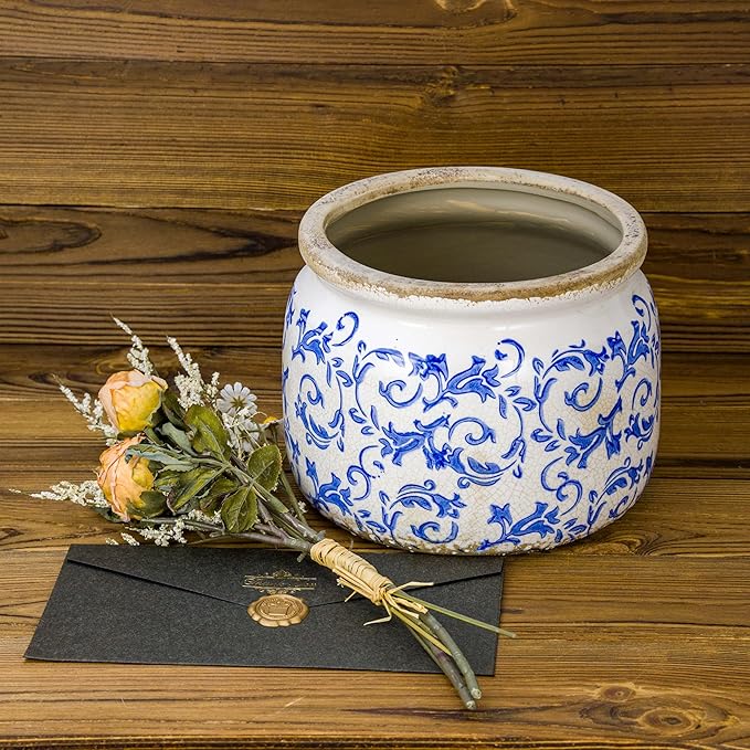 Large Ceramic Pot for Planters, Ice Crack Glazed Flower Pot with Drainage Holes,5.91inch Vintage Planters for Indoor and Outdoor (Blue)