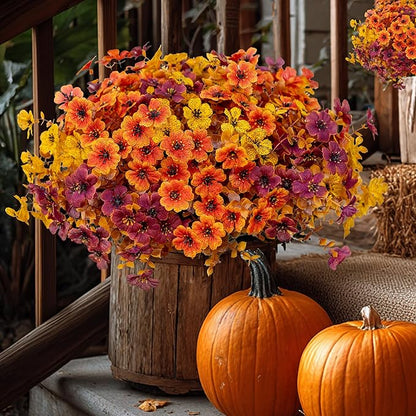 Artificial Fall Flowers for Outdoor Fake Mums - 16 Bundles Fake Plants UV Resistant No Fade Faux Plastic Greenery Garden Porch Patio Home Decor(16, BrownOrangeYellow)