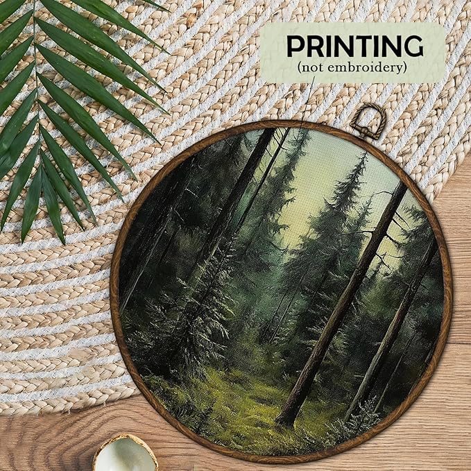 cvjutf Forest Landscape Wall Art Framed, Forest Bathroom Decor, Modern Green Nature Round Wall Decor, Nature Pine Tree Scenery Canvas Prints Art for Bedroom Bathroom Living Room, 10x10 Inch