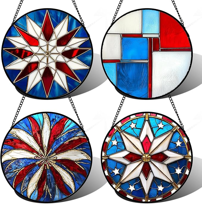 Stained Glass Window Hanging 4 Pcs Set Abstract Flowers In Red White Blue Large 11.8" - Suncatcher Door Garden Sun Catcher Decor Birthday Mother's Day Xmas Gift for Mom Woman Nana Men Parents