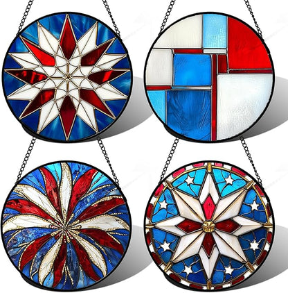 Stained Glass Window Hanging 4 Pcs Set Abstract Flowers in Red White Blue 7.8" - Suncatcher Door Garden Sun Catcher Decor Birthday Mother's Day Xmas Gift for Mom Woman Nana Men Parents