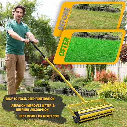 Upgraded 20 Inch Lawn Aerator Tool – Manual Rolling Lawn Core Aerator with 2.4” Steel Spikes, Welded Spike Strip & T-Handle – Yard Soil Aeration for Grass, Garden, Lawn Care
