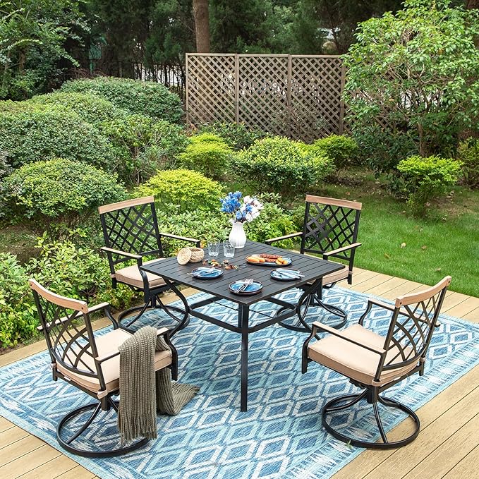 MFSTUDIO 5 PCS Patio Dining Set with 4 Swivel Metal Chairs with Cushion and 1 Heavy Duty Metal Square Table for 4, All Weather Resistant Patio Furniture for Lawn and Garden