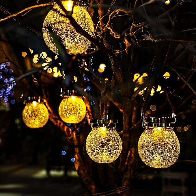 Cooo Christmas Gifts 6 Pack Solar Lanterns Waterproof Outdoor Heavy Crackle Glass a Big Warm LED Stainless Steel Lid 215% Solar for Women Mom Grandma Landscape Path Lights Garden Yard Backyard Decor