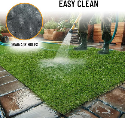 Ottomanson 2'7" x 6' Artificial Faux Grass Rug - Realistic Turf with UV Protection - Perforated for Easy Drainage - Durable, Hose-Off Synthetic Lawn Carpet for Indoor & Outdoor Use, Green