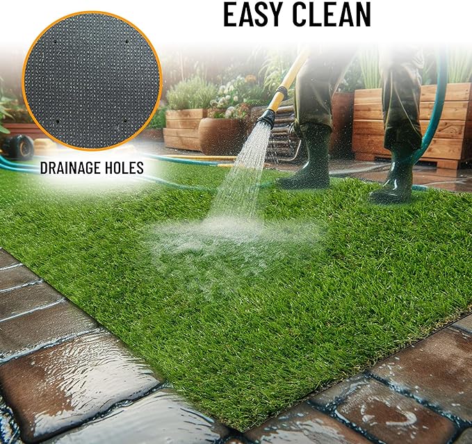 Ottomanson 6'6" x 50' Artificial Faux Grass Rug - Realistic Turf with UV Protection - Perforated for Easy Drainage - Durable, Hose-Off Synthetic Lawn Carpet for Indoor & Outdoor Use, Green