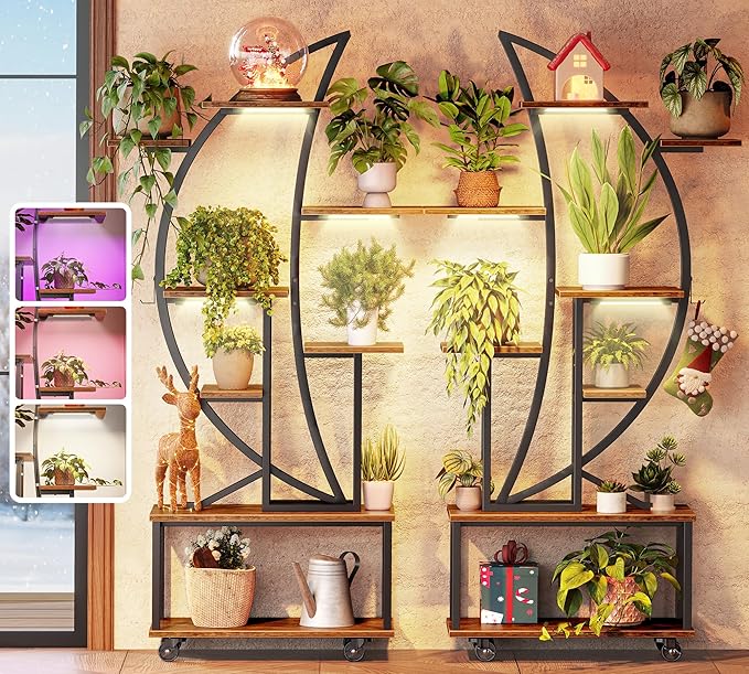 PRAISUN 62 Inch Plant Stand Indoor with Grow Lights, Set of 2, 8 Tiered Plant Shelf with Larger Flower Holder, Half Moon-Shaped Stand with Hook, Wheels, Plant Rack for Living Room, Rustic Brown