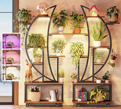 PRAISUN 62 Inch Plant Stand Indoor with Grow Lights, Set of 2, 8 Tiered Plant Shelf with Larger Flower Holder, Half Moon-Shaped Stand with Hook, Wheels, Plant Rack for Living Room, Rustic Brown