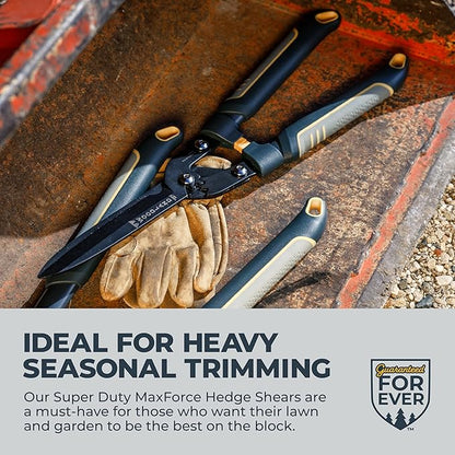 Woodland Tools Super Duty Hedge Shears, 23 Inch Manual Hedge Clippers with 10 Inch Gear-Assist Blades, Power Notch, and Non Stick Coating, Heavy Duty Trimmer for Thick Shrubs and Hedges