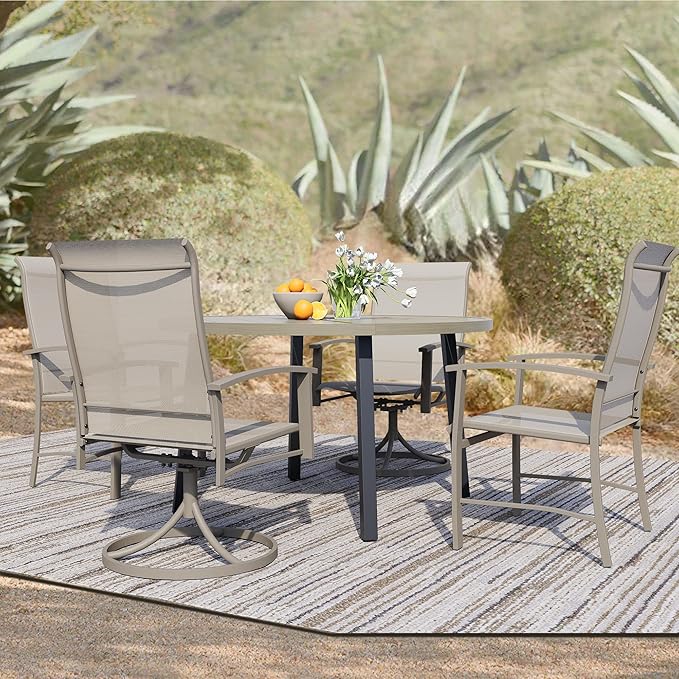 5 Piece Outdoor Dining Set, 42" Ivory Beige Round Outdoor Dining Table with 2 Ivory Beige Swivel Outdoor Dining Chairs and 2 Fixed Patio Table and Chair Set of 4 for Lawn, Garden, or Porch