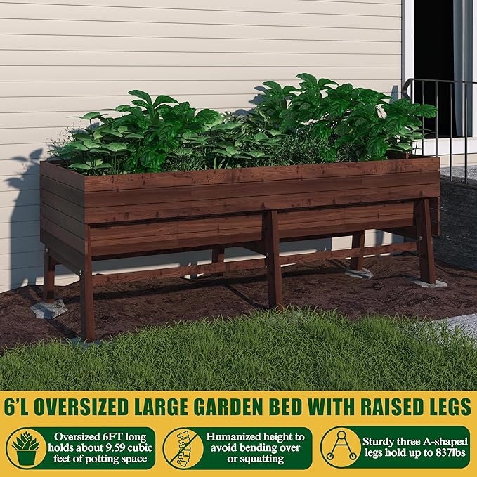 MUPATER 6x3x2FT Cedar Raised Garden Bed for Outdoor, Raised Garden Bed wit 6 Legs, 837lbs Large Elevated Garden Planter Box with Liner for Herbs,Vegetables, Rustic