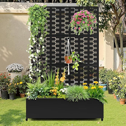 Metal Raised Garden Bed with Trellis, 2-in-1 Planter Box & Privacy Screen for Climbing Plants, Outdoor Standing Flower Bed with Drainage Holes, 47.2" L x 16.7" W x 70.8" H, Black-Brick