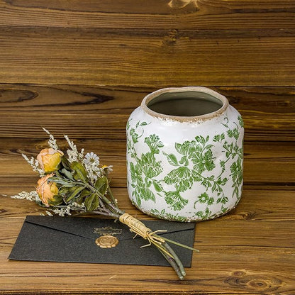 Ceramic Pot for Plant,Crackle Glaze Vintage Plant Pots with Drainage Hole,5.51inch Corrugated Surface Planter for Indoor (Green