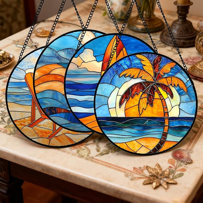 Stained Glass Window Hanging 4 Pcs Set Blue Orange Ocean Beach Theme 9.8" - Suncatcher Door Garden Sun Catcher Decor Birthday Christmas for Mom Woman Nana Men Wife