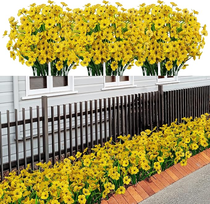 21 Bundles Artificial Outdoor UV Resistant Flowers No Fade Fake Outside Flowers Plastic Greenery Faux Shrubs Garden Porch Window Box Home Decoration (Yellow)