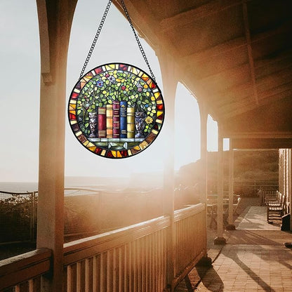 Stained Glass Window Hanging Green Plants Flowers Books 9.8" - Suncatcher Door Garden Sunroom Sun Catcher Decor Birthday Christmas for Mom Men Woman Nana