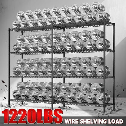 REIBII 61.7''W Storage Shelves Load 1220LBS Wire Shelving Unit 4 Tier Metal Shelving for Storage Rack Shelves Heavy Duty Garage Shelf Pantry Shelves Kitchen Shelving, 61.7" W*62.9" H*15.8" D, Black