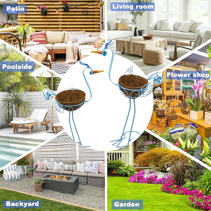 J-Fly 2 Sets Pelican Metal Flowers Plant Holders Stand with Coconut Pots, Plants Stand Indoor Flower Pots Outdoor, Room Home Living Room Front Outdoor Patio Decor, Gardening Christmas Decoration Gifts