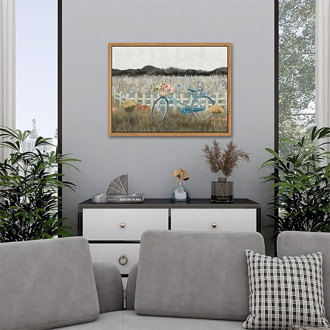 Floating Framed Canvas Wall Art, Vintage Blue Bicycle Flower Basket Wall Decor, Country Nature Landscape Wildflower Poster Print Paintings for Bathroom Living Room Bedroom Home Decor 16x24 inch