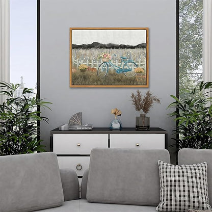 Floating Framed Canvas Wall Art, Vintage Blue Bicycle Flower Basket Wall Decor, Country Nature Landscape Wildflower Poster Print Paintings for Bathroom Living Room Bedroom Home Decor 12x16 inch