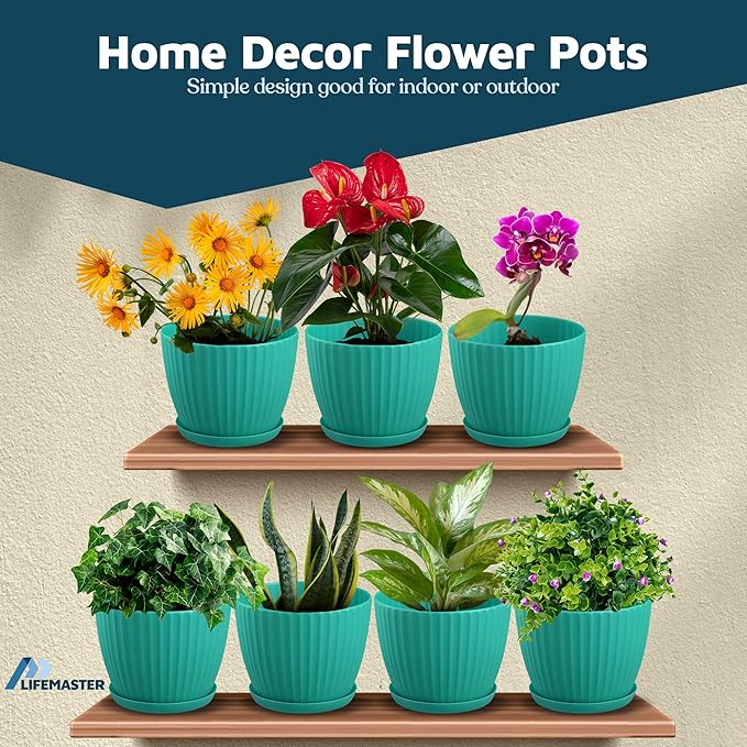 Aqua 6-Inch Plant Pots with Drainage & Saucers 3 Pack, Indoor & Outdoor Planters for Houseplants, Herbs, and Flowers, Durable & Weatherproof Material, Stackable, Lightweight, Minimalist Design
