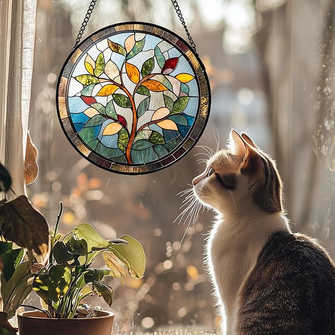 Stained Glass Window Hanging Colorful Tree of Life Large 15" - Plant Leaves Suncatcher Door Garden Sun Catcher Home Decor Birthday Christmas for Mom Men Woman Nana Friend