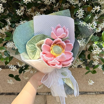 Pink Lotus Summer Crochet Flowers Bouquet Handmade Knitted Artificial Flowers Home Decor