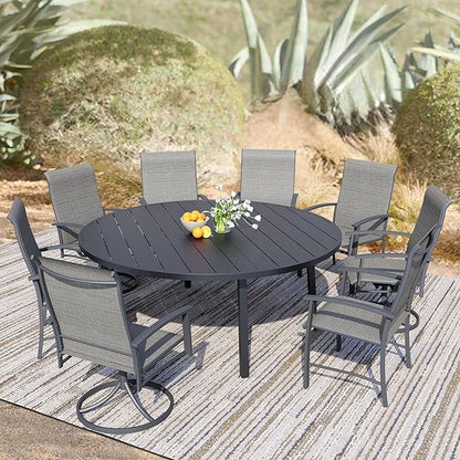 9 Piece Outdoor Dining Set, 60" Black Round Outdoor Dining Table with 4 Grey Swivel Outdoor Dining Chairs and 4 Fixed Patio Table and Chair Set of 8 for Lawn, Garden, or Porch