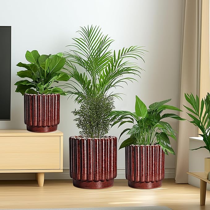 Ceramic Pots for Plants - 7.6 Inch Indoor Planter, Decorative Plant Pots with Drainage Hole, Fluted Ceramic Flower Pots, Round Planter Outdoor, Patio Decor, Gifts for Plant Lovers, Red