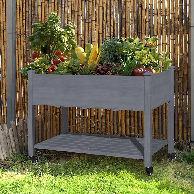 48x24x33in Raised Garden Bed Featuring Legs, Outdoor Elevated Wood Planted Box Equipped with Wheels & Shelf for Vegetable Flower, Backyard and Patio, Gray