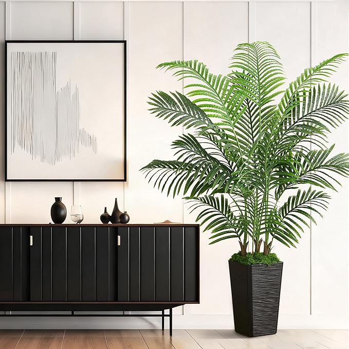 Artificial Palm Tree Indoor, 5FT Fake Floor Plants Large Tropical Silk Plant with Black Square Planter, Faux Areca Palm Plant Artificial Tree in Pot for Home Room Office Outdoor Patio Decor