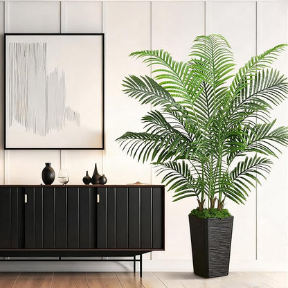 Artificial Palm Tree Indoor, 5FT Fake Floor Plants Large Tropical Silk Plant with Black Square Planter, Faux Areca Palm Plant Artificial Tree in Pot for Home Room Office Outdoor Patio Decor