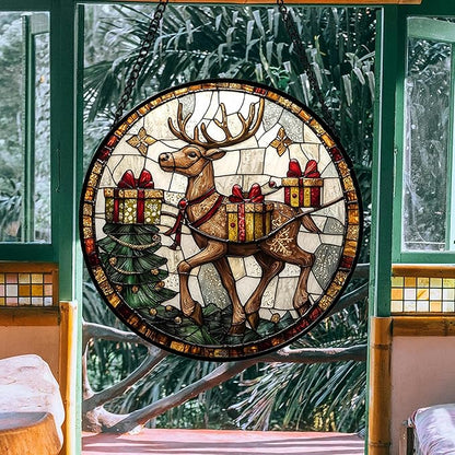 Stained Glass Window Hanging, Christmas Tree Elk Sun Catchers Colorful Glass Panel Retro Suncatcher Decor for Birthday for Women, Men, Wife, Aunt, and Mom 15x15 in