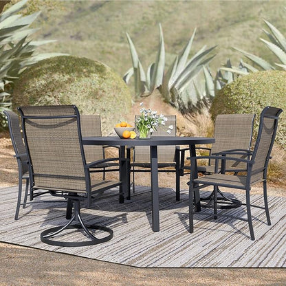 7 Piece Outdoor Dining Set, 47" Black Round Outdoor Dining Table with 2 Mocha Swivel Outdoor Dining Chairs and 4 Fixed Patio Table and Chair Set of 6 for Lawn, Garden, or Porch
